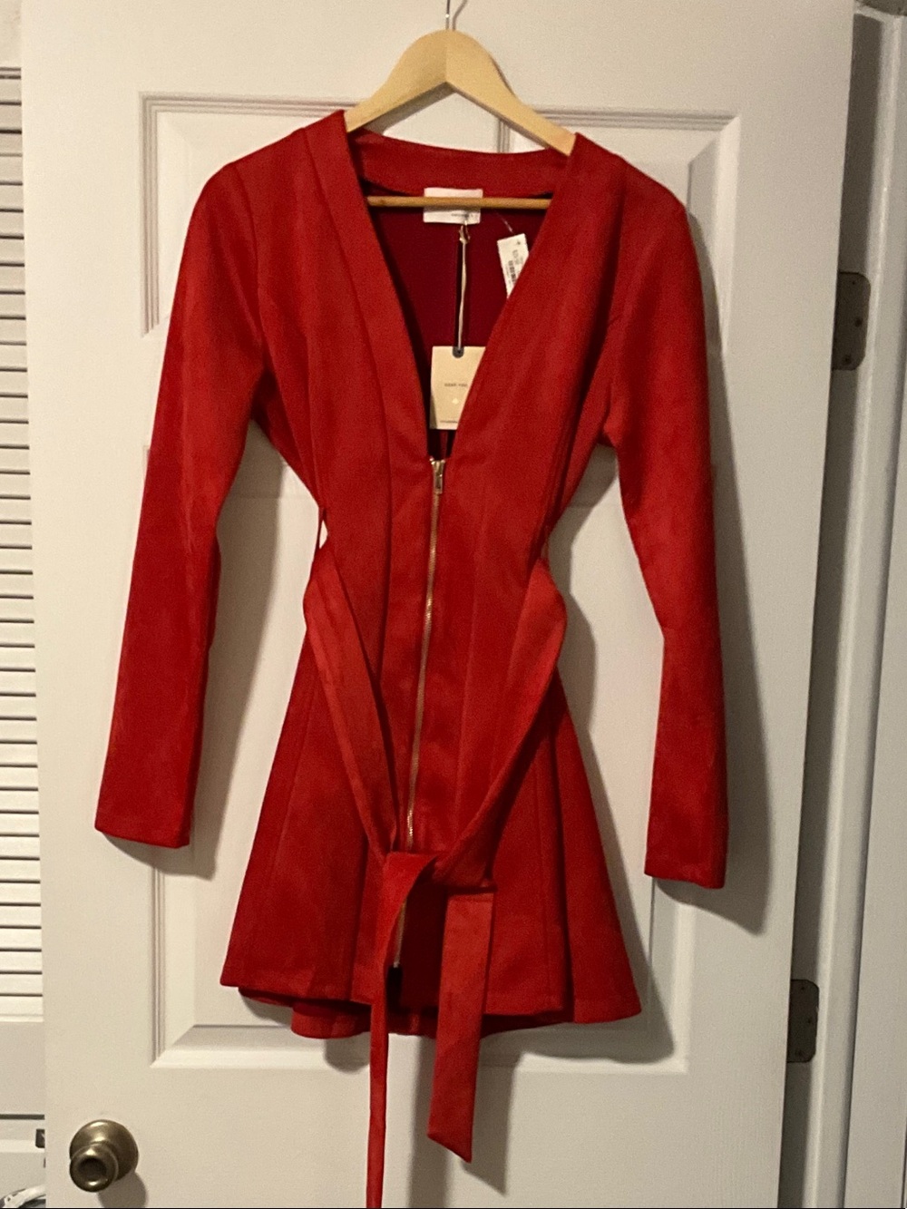 Red Long-Sleeve Sueded Zip-Front Mini Dress with Waist Tie
